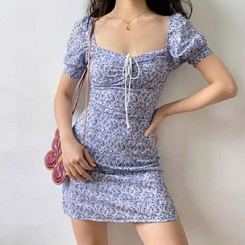 Summer French Romance Retro Dresses Women Casual Floral Print Square Collar Dresses Puff Sleeve Sexy Mini Lady Vitange Dresses