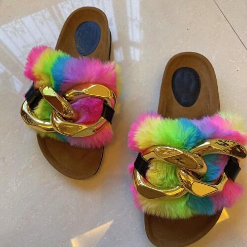 Summer Plush Slippers Fashion Chain Decoration Womens Shoes Open Toe Flat Sandals Outdoor Plus Size 43