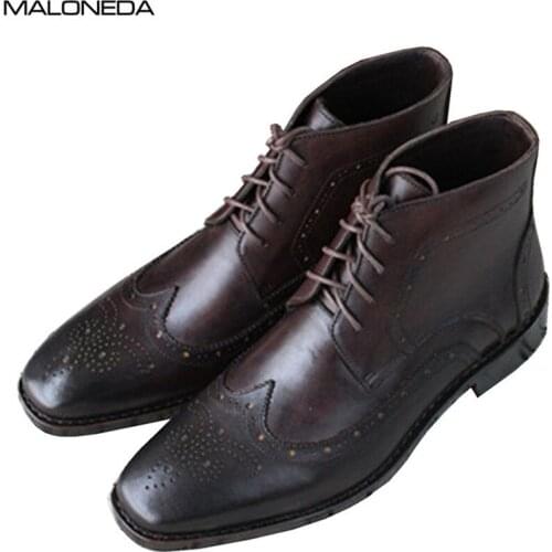 MALONEDE Bespoke Fashion Retro Brogue Style Genuine Leather Handmade Goodyear Formal Dress Short Boots