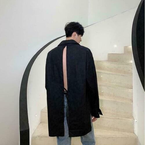 M-Xl Men Stage Open Back Long Sleeve Loose Shirt Youth Casual Party Tops