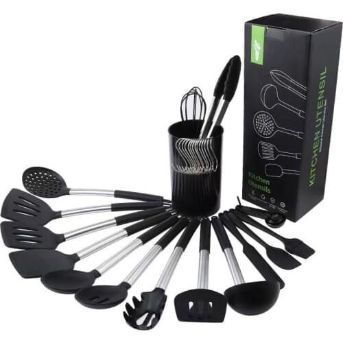 Silicone cookware set, 34-piece LAYL kitchen tool set, kitchen utensils, stainless steel handle cookware-black/grey
