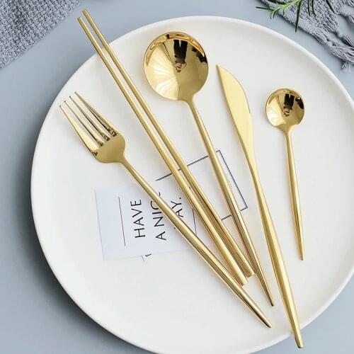 30Pcs Shiny Golden Dinnerware Set With Chopsticks 18/10 Stainless Steel Mirror Cutlery Set Rose Gold Black Silver Drop Ship