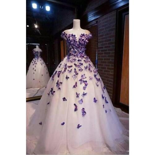 New Prom Dresses with Purple Butterfly Tulle A Line Off the Shoulder Evening Gowns vestidos de fiesta