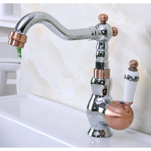 Polished Chrome Antique Red Copper Brass Single Handle One Hole Bathroom Basin Kitchen Sink Swivel Spout Faucet Mixer Tap mnf912