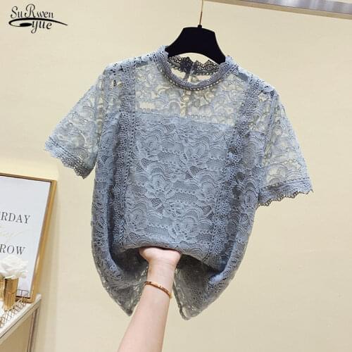 See-through Short Sleeve Blouse Sweet Women Lace Blouse Fashion Button Transparent Mesh White Shirt Female Summer Blusas 15013