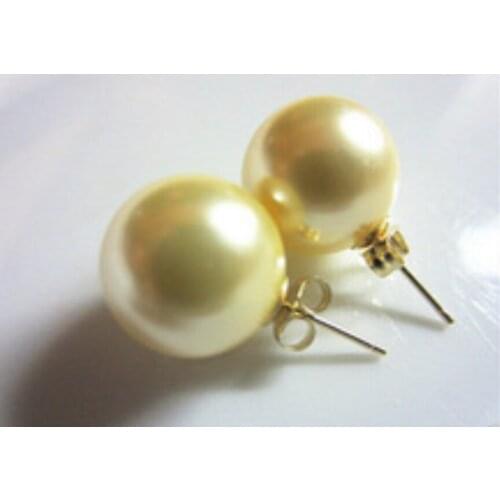 Lovely Fine 12mm Yellow South Sea Shell Pearl GP Stud Earrings AAA+ Ohrringe word wholesale [1 pair collares kolye