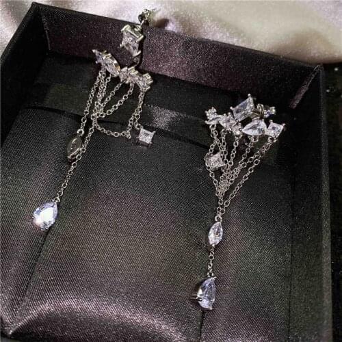 White Zircon Water Drop Earrings Female Silver Color Long Chain Tassel Earrings For Women Wedding Luxury Crystal Dangle Earrings