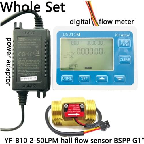 US211M Digital Water Flow Meter with Fine Brass G1" YF-B10 2-50L/min Hall Water Flow Sensor Reader Saier iSentrol Dijiang