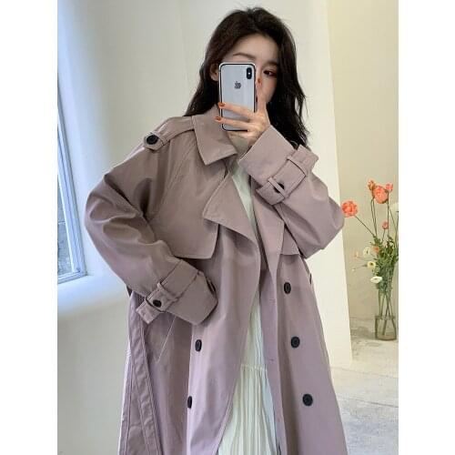 Womens Windbreaker Spring And Autumn New Korean Fashion Loose Solid Color Wild Double-breasted Long-sleeved Feminine Coat M078