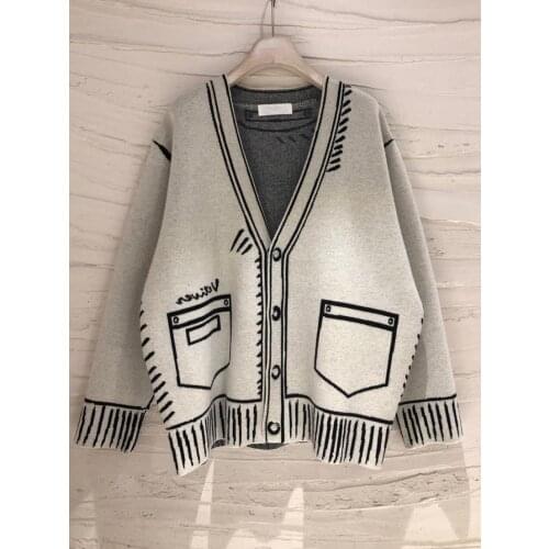Casual Knitted Cardigan Sweater For Women V Neck Long Sleeve Loose Cardigans Female Outwear Plus Size Fashion Print Sweater Coat