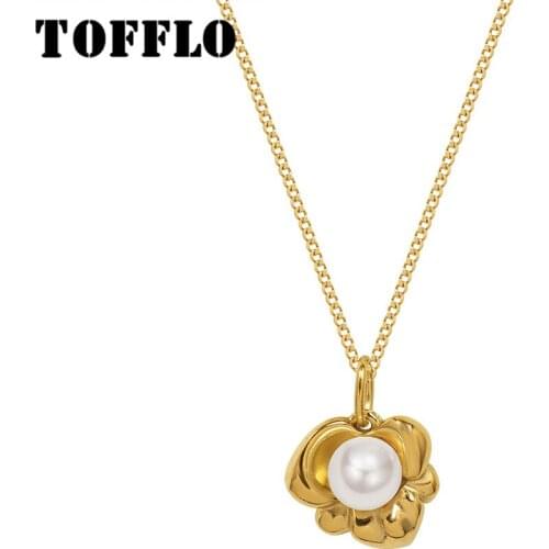 TOFFLO Stainless Steel Jewelry Lotus Flower Pearl Pendant Necklace womens three dimensional carving clavicle chain BSP1065