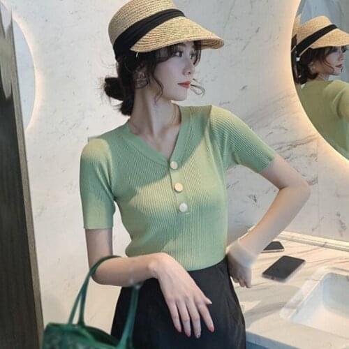 Women 's Solid V Neck T-Shirt Short Sleeve Korean Style Slim Basic Knitted Summer Top