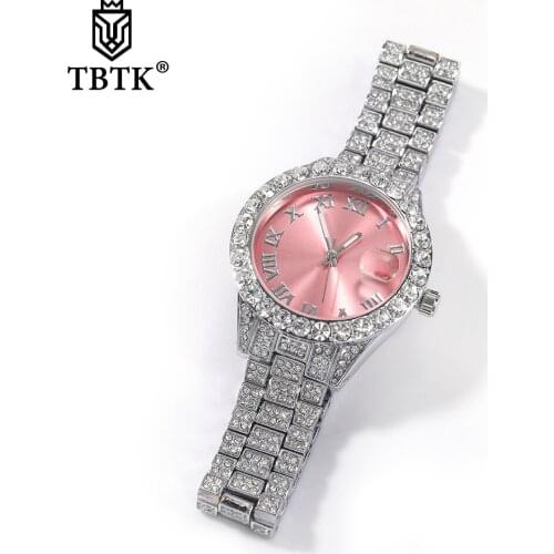 TBTK Women Watch Baby Pink Dial Iced Out Quartz Clock Luxury Rhinestone Waterproof Wrist Watch Small Size For Women
