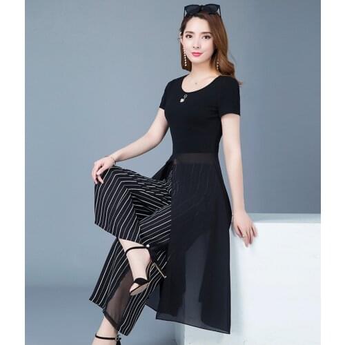 Wide leg trousers suit for women 2018 summer fashion mothers in the long slit stripe chiffon leisure two sets wholesale 0215