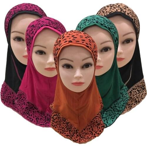Girls Kids Muslim Leopard Printed Hijab Hats Islamic Arab Head Scarf Wrap Shawls Amira Prayer Hat Worship Service Turban Fashion