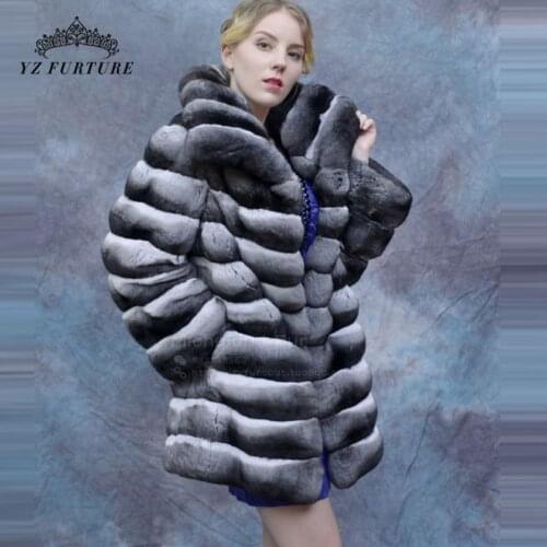 2021 Winter Lady New Real Chinchilla Rex Rabbit Fur Coat Hood Jacket Real Fur Natural Coat Plus Size Fashion Commute Overdress