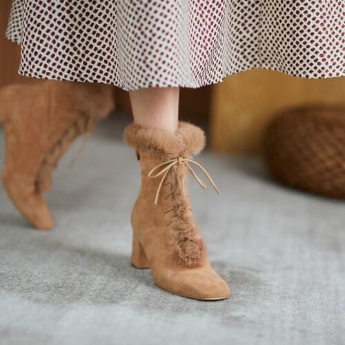 MEZEREON Rabbit Fur Ankle Boots Square Toe Keep Warm Winter Boots Kid Suede Modern Women Shoes Elegant Ladies botas de mujer