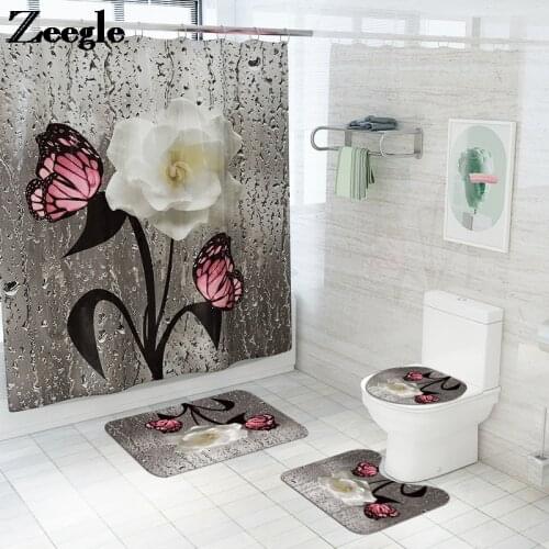 Flower Printing Bath Mat in the Bathroom Shower Curtain Set with Toilet Rugs Microfiber AntiSlip Bathroom Foot Mat Set