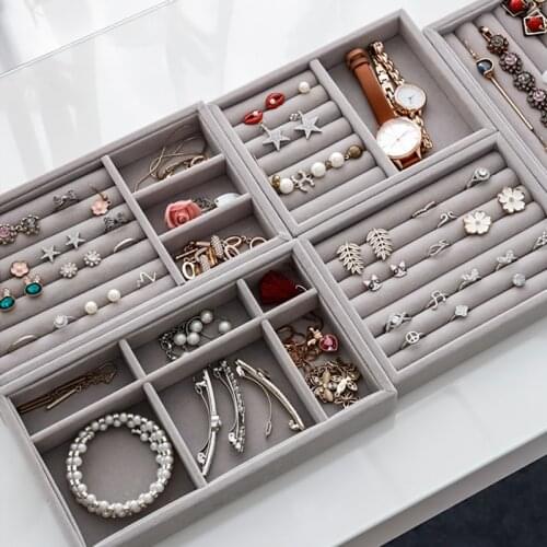 DIY Jewelry Box Tray Storage Organizer Gray Soft Velvet Drawer Rings Earrings Pendants Storage Showcase