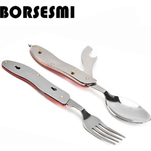 Hight quality stainless steel pocket knife scoop fork multi-function detachable cutlery 3 in 1 folding picnic tableware