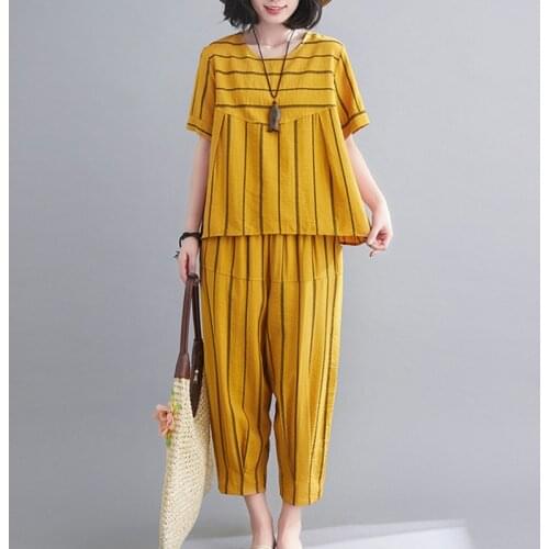Patchwork Striped Fashion Women Clothes Set Cotton Linen Loose Tops Wide leg pants Summer Casual Set Office Lady Clothes Suits