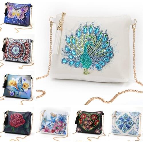 DIY Diamond Painting Wristlet Wallet Peafowl Butterfly Flower Leather Crossbody Chain Bags DIY Diamond Embroidery Wallet Pouch