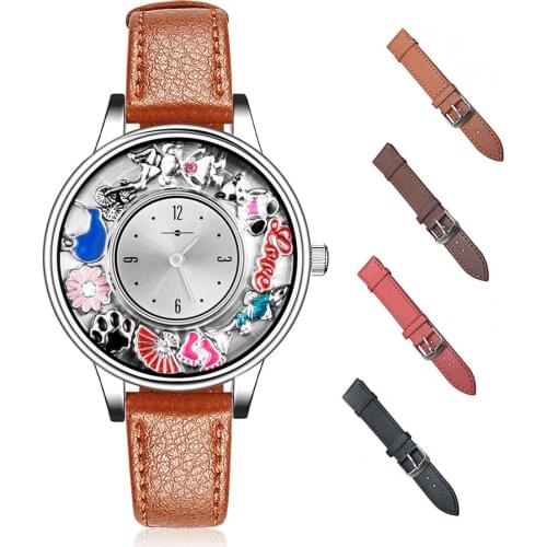 Leather Genuine Leather Band 316L Stainless Steel Floating Locket Watch for Women
