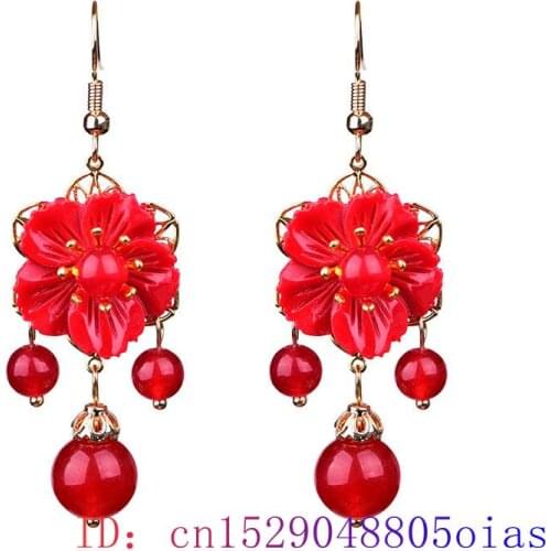 Red Jade Flower Earrings Jewelry Zircon Gemstone Amulet Natural Crystal Women Fashion Gifts Chalcedony 925 Silver Charm