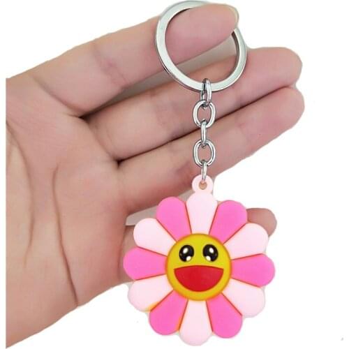 Creative excellent product 6 color cute flower flower surrounding soft plastic PVC stereo sun flower leather rope key chain