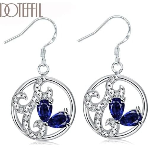 DOTEFFIL 925 Sterling Silver Red/Blue AAA Zircon Round Hoop Drop Earrings Charm Women Jewelry Fashion Wedding Party Gift