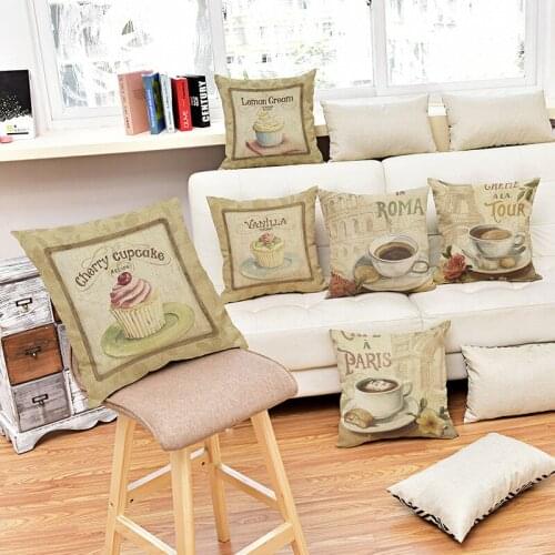 18" Square Linen Decorative Pillows Vintage Coffee Cupcake European Design Car Pillow Cases Patio Sofa Cushion Covers 45x45cm
