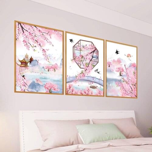Chinese Style Peach Blossom Wall Stickers Living Room Background Wall Decals Poster PVC Bedroom Decor Diy Mural