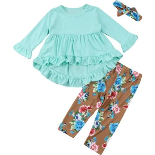 2019 New Fashion Children Girls Clothes blue ruffle t shirt Tops + floral pants Headband 3PCS Toddler Kids Clothing