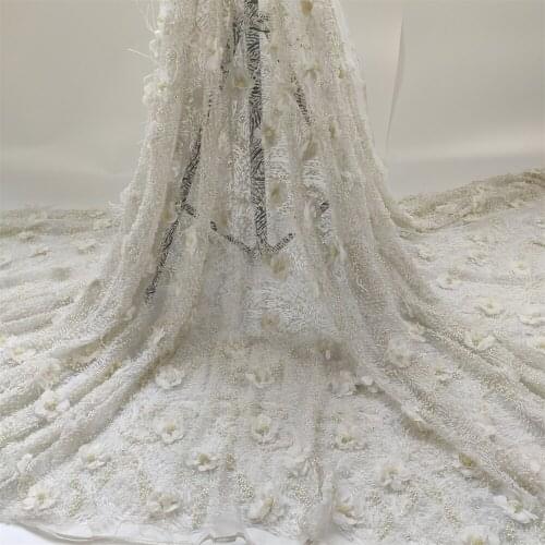 2021 Latest White French 3D Flowers Tulle Lace Fabric African Nigerian Lace Fabric With Beads For Wedding Party qpaZ0365