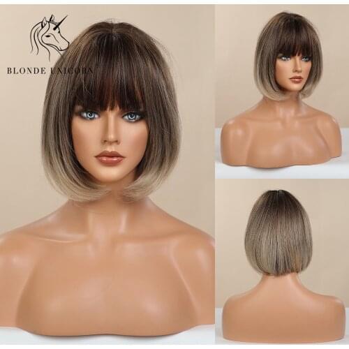 BLONDE UNICORN Straight Synthetic Short Bob Wig Ombre Brown with Bangs Lolita Party Daily Hair Wigs For Women Heat Resistant