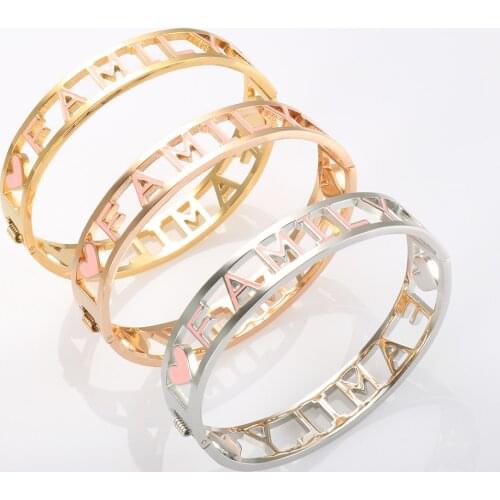 Simple Hollow Family Letter Love Cuff Bangle For Men Women Bracelet Stainless Steel Pink Epoxy Fashion Wrist Jewelry Gifts