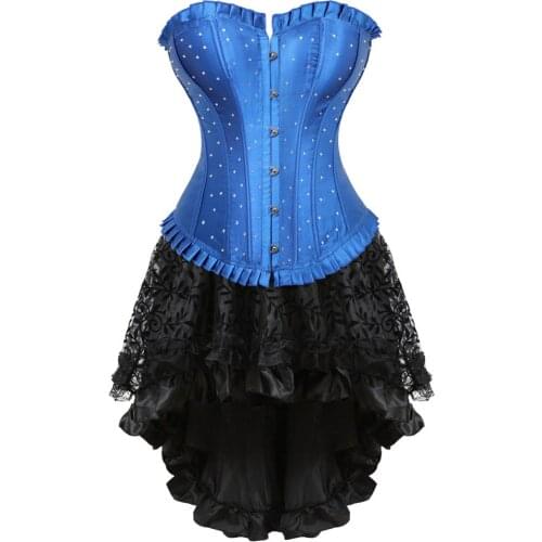 Sexy Corsets with Skirt Steampunk Plus Size Rhinestones Bustier Dress Renaissance Satin Overbust Corselet Bodyshaper Costume