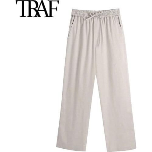 TRAF Women Fashion Side Pockets Loose Straight Pants Vintage High Elastic Waist Drawstring Female Ankle Trousers Mujer