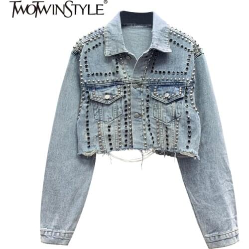 TWOTWINSTYLE Blue Diamonds Casual Jackets For Women Lapel Long Sleeve Single Breasted Rivet Coats Female Clothing 2021 New Style