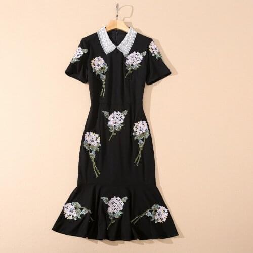 European and American womens wear for spring 2021 Short sleeved nail beaded lapel flower embroidery Fashion Black Dress