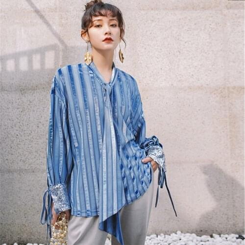 2020 Limited Real Polyester Regular V-neck Full Shein Korean Zanzea Womens Shirt Striped Sleeve Sequined Design Loose Women