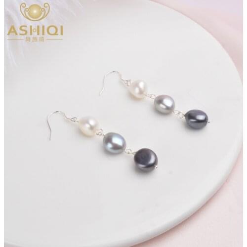 ASHIQI Natural Baroque Pearl 925 Sterling Silver Long Earrings For Women Black freshwater pearl Handmade drop earring Party Gift