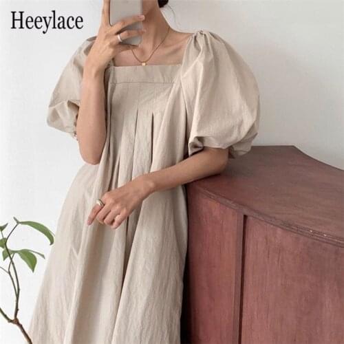 Summer 2021 New Puff Sleeve Chic Womens Dresses Elegant Solid Sqaure Collar Korean OL Casual Loose A-Line Fashion Dress Ladies
