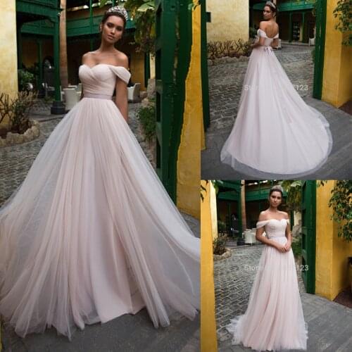Pink Tulle Wedding Dresses with Sleeves 2021 Off Shoulder Sweetheart Lace Up Floor Length Wedding Bridal Gowns Vestido de noiva