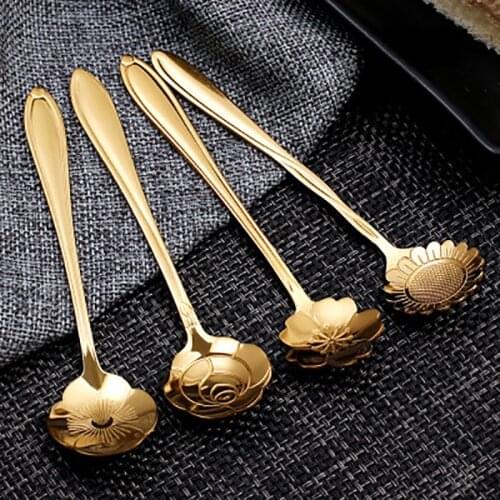 New Vacuum Plating Stainless Steel Coffee Spoon Flower Shape Tea Spoons Kitchen Drinking Flatware Dessert Spoon 1pc