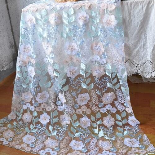 1 yard Gorgeours Blue Pink Flower Lace Fabric Floral Embroidered Tulle Fabric for Dress Bridal Veil Sewing Materials 51" Width
