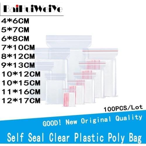 100PCS/LOT Resealable Zip Lock Bags Self Seal Clear Plastic Poly Bag Food Storage Package Reclosable Vacuum Fresh Bag