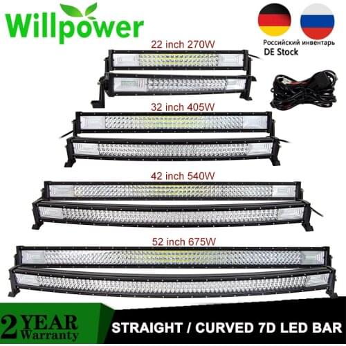 22 32 42 50 52'' Inch 7D Curved/Straight Led Light Bar 540W 675W Tri Row Driving Lights Offroad Truck SUV ATV Tractor Car Boat