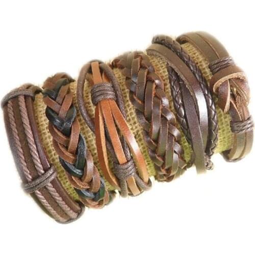 6Pcs/lot hand-woven Fashion Jewelry Wrap multilayer Leather Braided Rope Wristband men bracelets & bangles for women H68