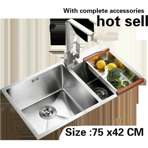 Free shipping Hot sell kitchen sink manual double groove 3 mm thick food grade 304 stainless steel durable 75x42 CM